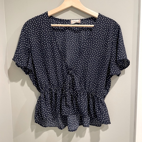 Altar’d State Polkadot Navy/White V Neck Blouse- Size Large - Picture 1 of 7